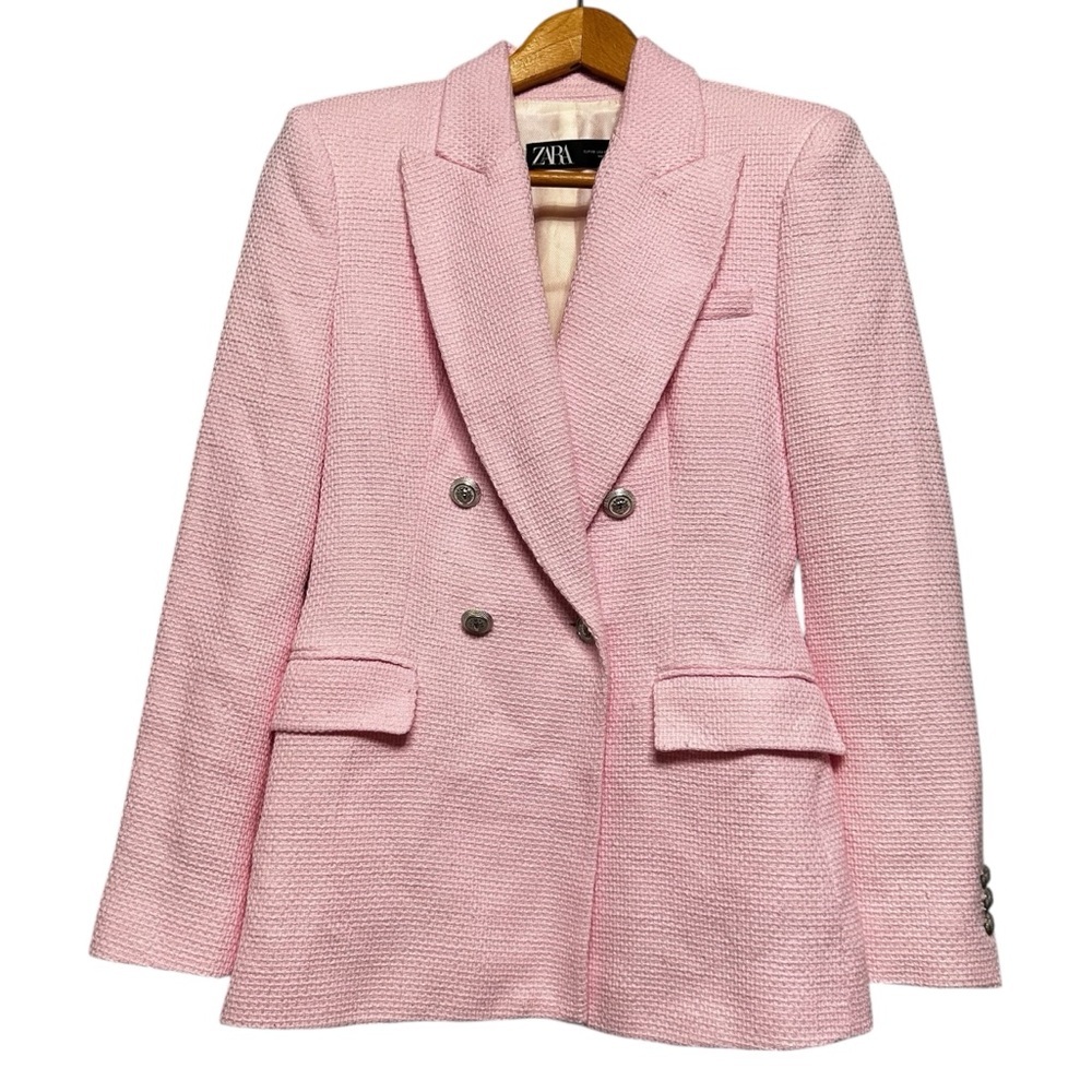 ZARA Blogger Fav Pink Tweed Double Breasted Blazer Jacket Size XS Preppy Office